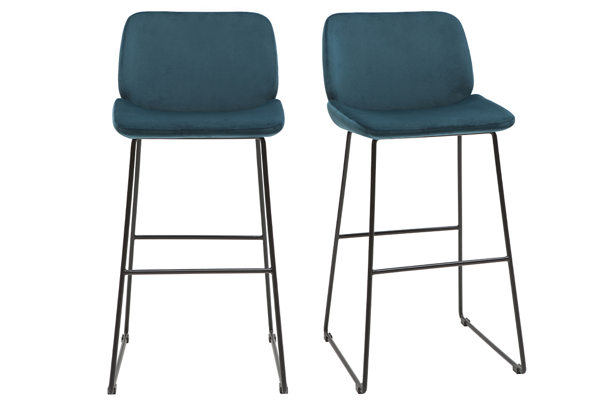 Tabourets de bar fixes en tissu velours bleu canard pieds mtal noir H65 (lot de 2) KAOLY