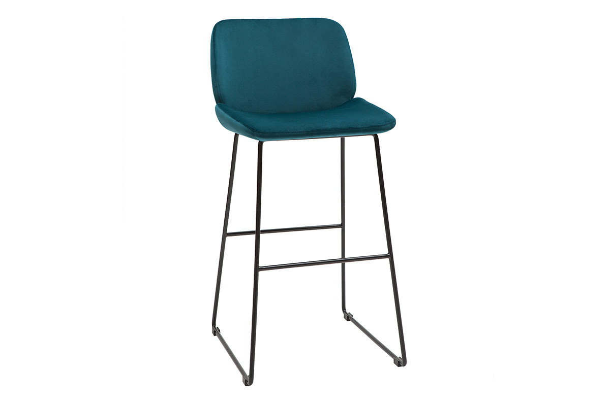 Tabourets de bar fixes en tissu velours bleu canard pieds mtal noir H65 (lot de 2) KAOLY