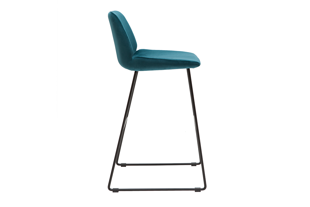 Tabourets de bar fixes en tissu velours bleu canard pieds mtal noir H65 (lot de 2) KAOLY