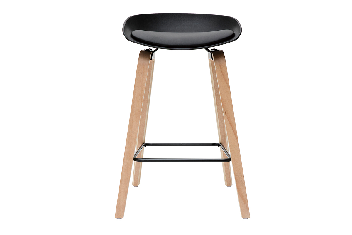 Tabourets de bar noirs et pieds bois H65 cm (lot de 2) LINO