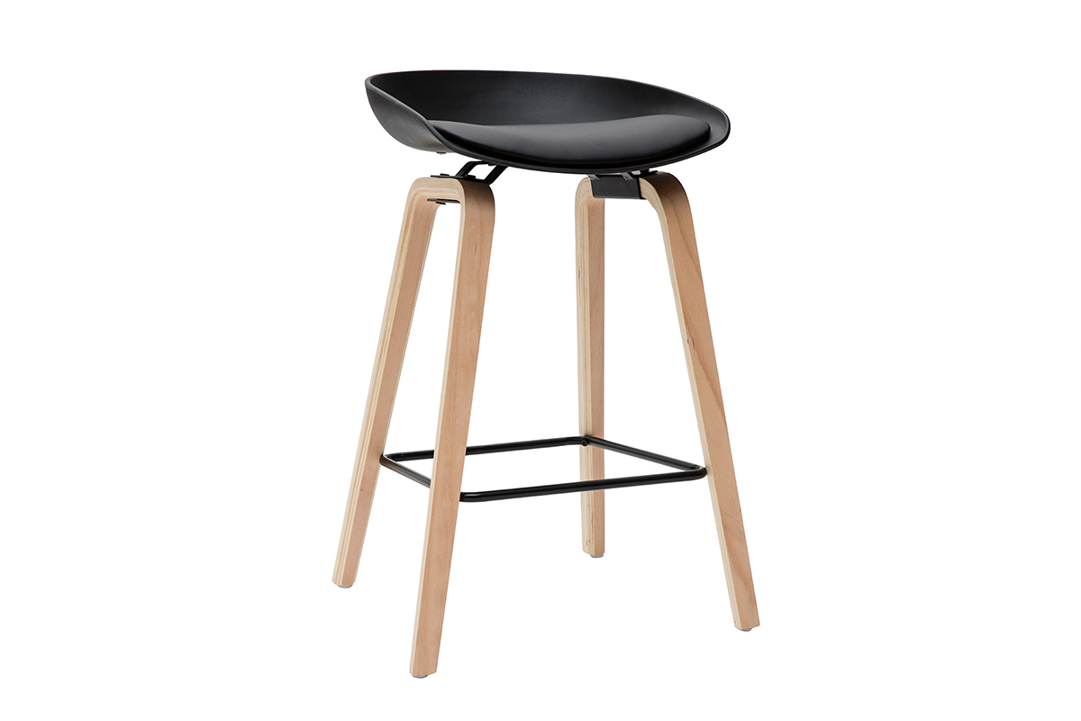 Tabourets de bar noirs et pieds bois H65 cm (lot de 2) LINO