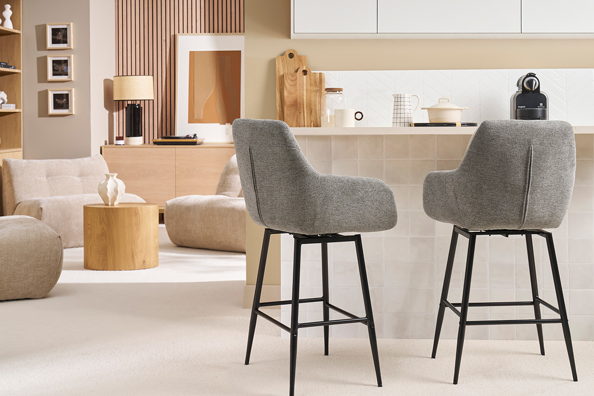 Tabourets de bar pivotants 360 en tissu effet velours textur gris et mtal H65.5 cm (lot de 2) ALESS