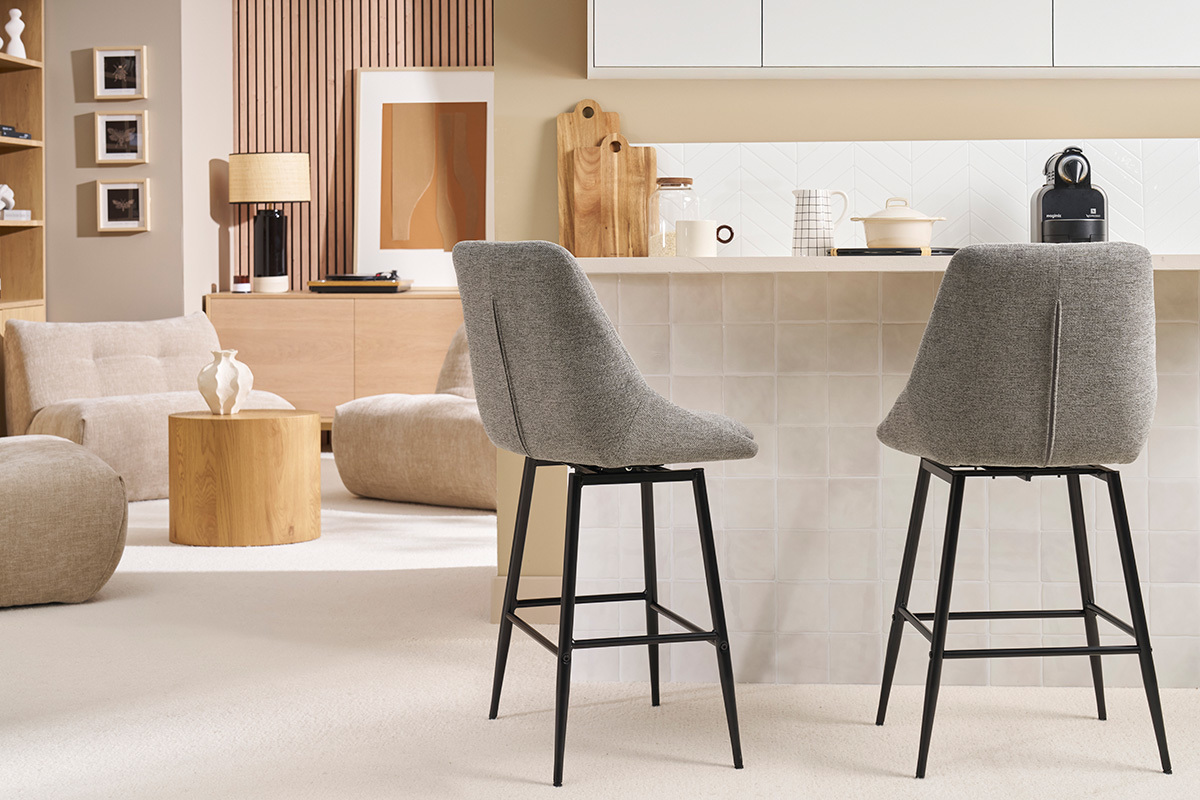 Tabourets de bar pivotants 360 en tissu effet velours textur gris et mtal H66 cm (lot de 2) ALESS