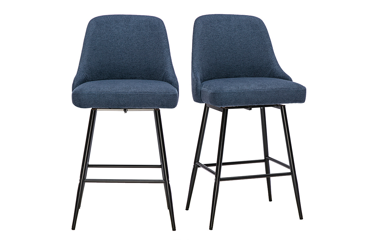 Tabourets de bar pivotants 360� en tissu chenille bleu fonc� et m�tal H66 cm (lot de 2) HASTA