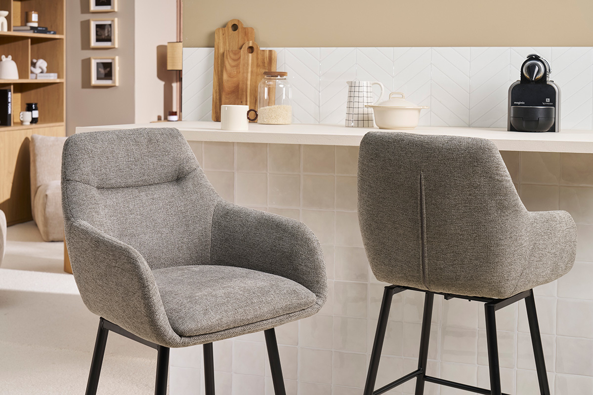 Tabourets de bar pivotants 360� en tissu effet velours textur� gris et m�tal H65.5 cm (lot de 2) ALESS