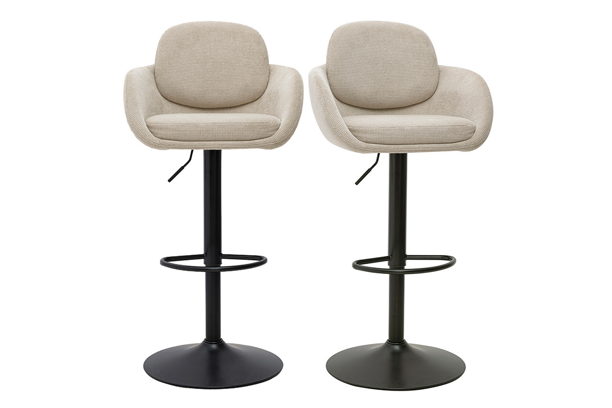 Tabourets de bar r�glable pivotants 360� en tissu chenille beige et m�tal noir (lot de 2) SLAKE