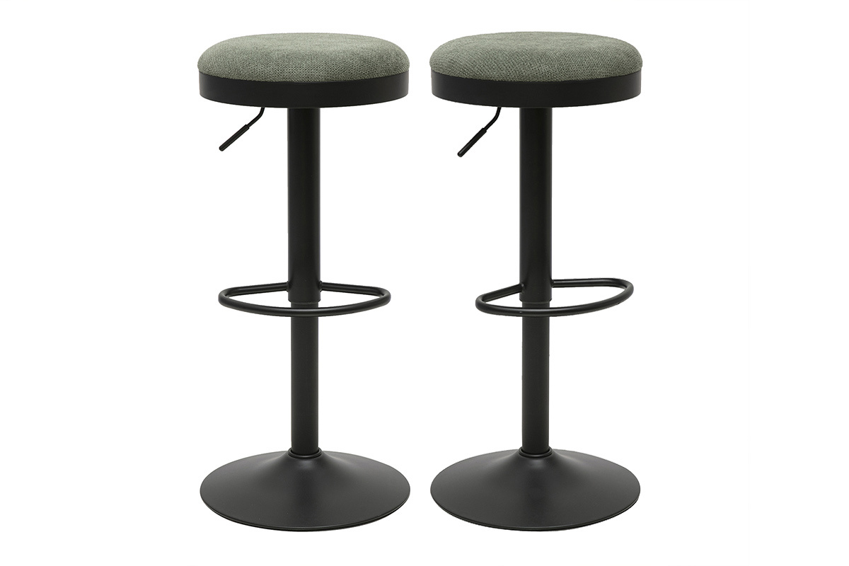 Tabourets de bar r�glables en tissu chenille vert kaki et m�tal (lot de 2) THOR