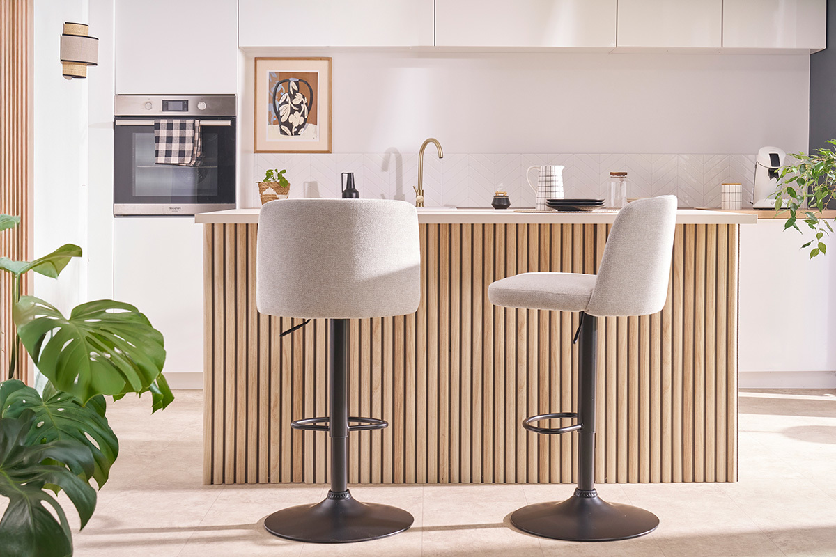 Tabourets de bar rglables en tissu effet velours textur beige et mtal noir (lot de 2) MONTI