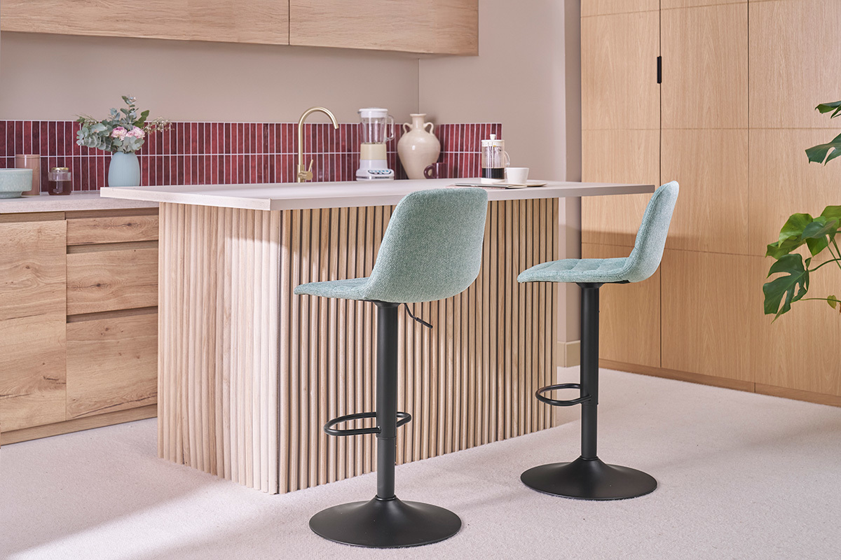 Tabourets de bar r�glables en tissu effet velours textur� c�ladon et m�tal (lot de 2) SAURY