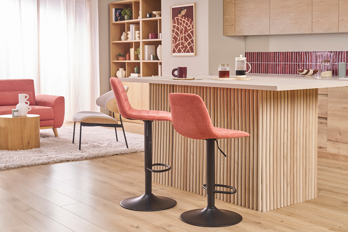 Tabourets de bar r�glables en tissu effet velours textur� terracotta et m�tal (lot de 2) SAURY