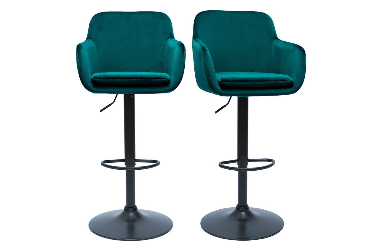Tabourets de bar r�glables en tissu velours bleu p�trole et m�tal noir (lot de 2) AMIKA