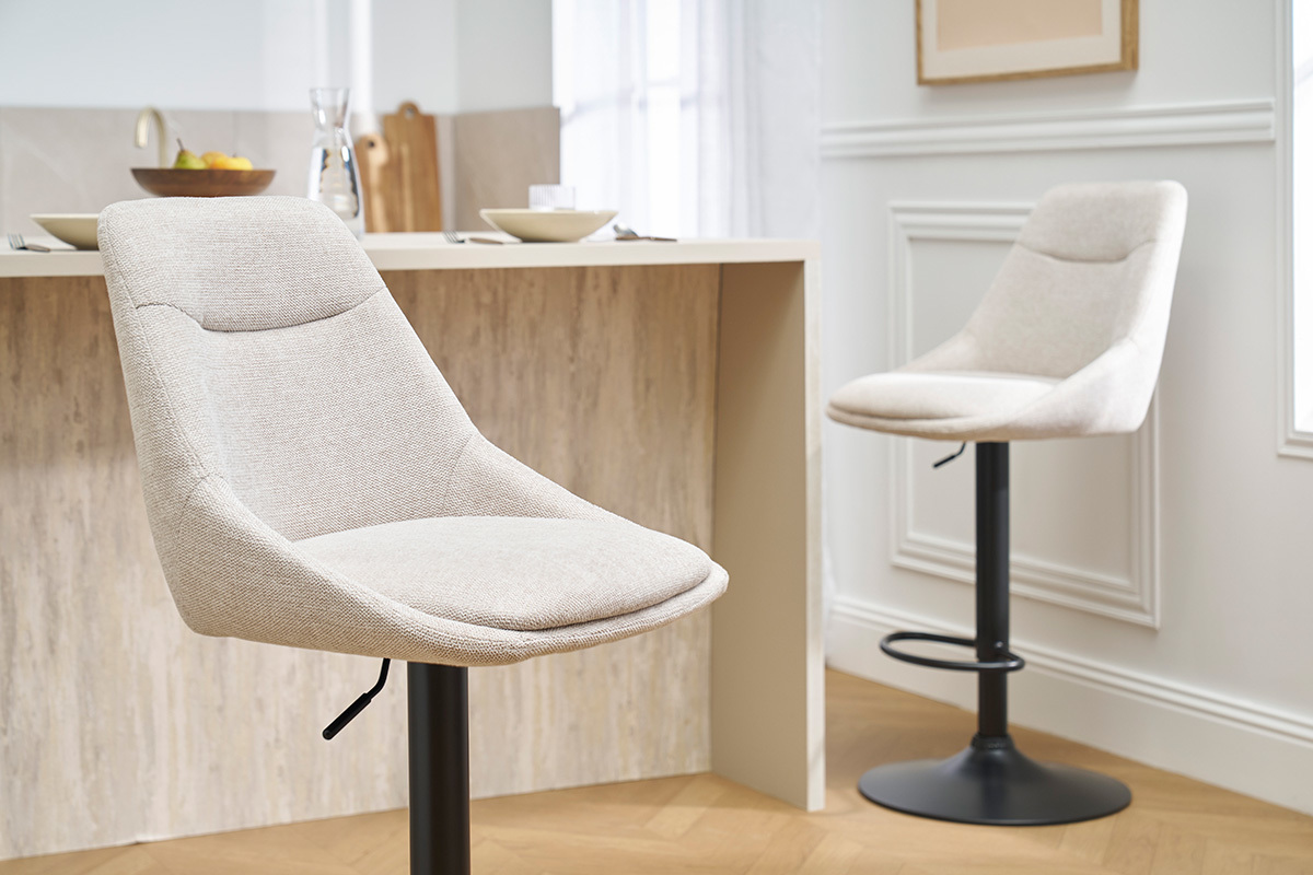 Tabourets de bar r�glables pivotants 360� en tissu effet velours textur� beige et m�tal (lot de 2) ALESS