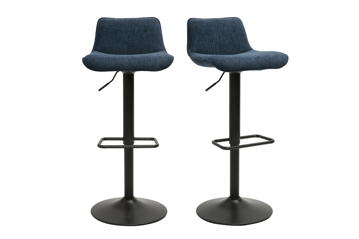 Tabourets de bar r�glables pivotants 360� en tissu effet velours textur� bleu fonc� et m�tal noir (lot de 2) BOOST