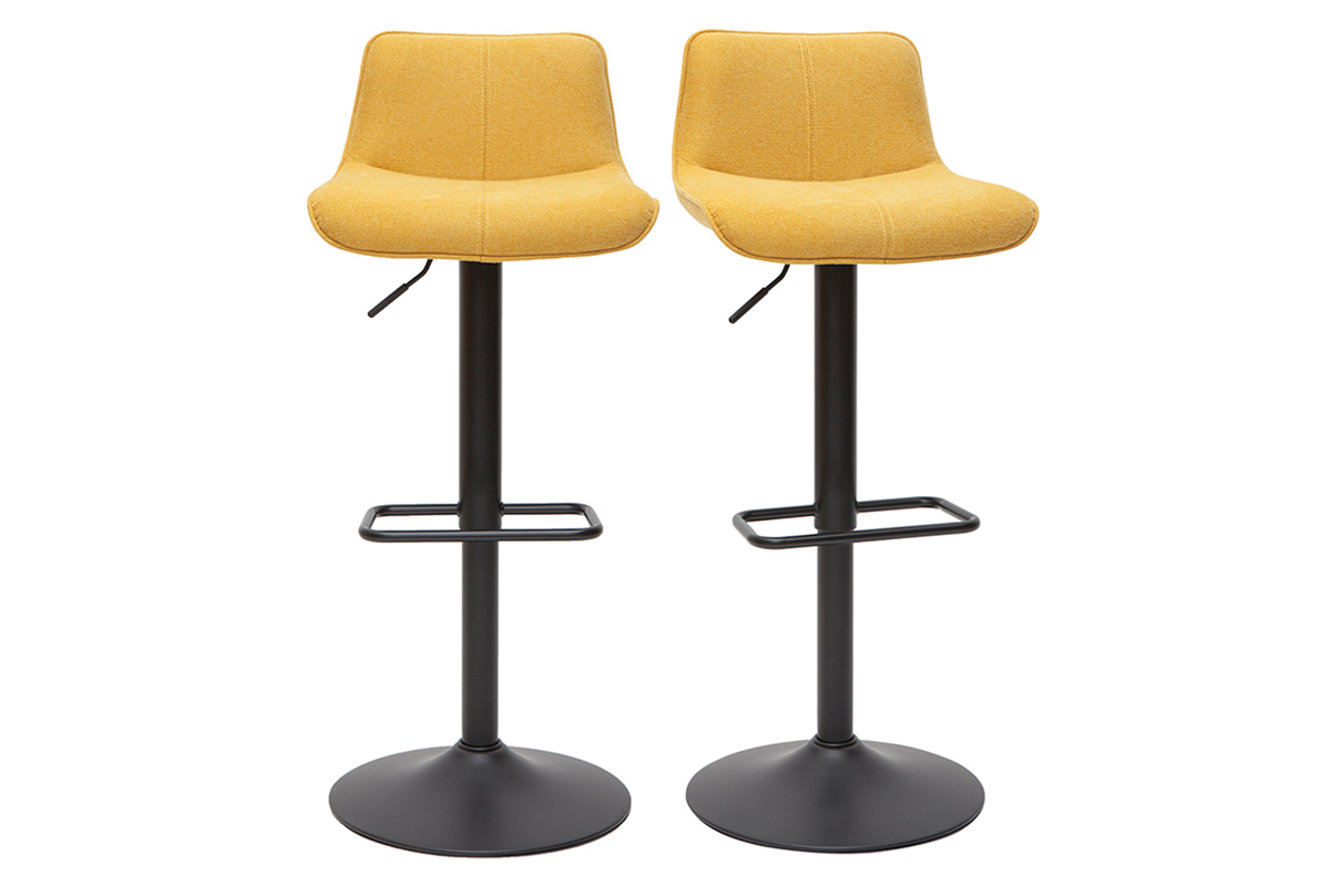Tabourets de bar r�glables pivotants 360� en tissu effet velours textur� jaune moutarde et m�tal (lot de 2) BOOST