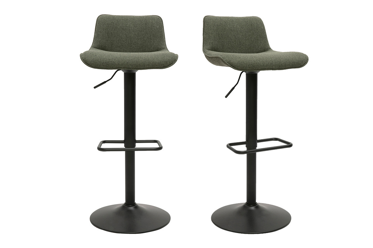 Tabourets de bar r�glables pivotants 360� en tissu vert kaki et m�tal noir (lot de 2) BOOST