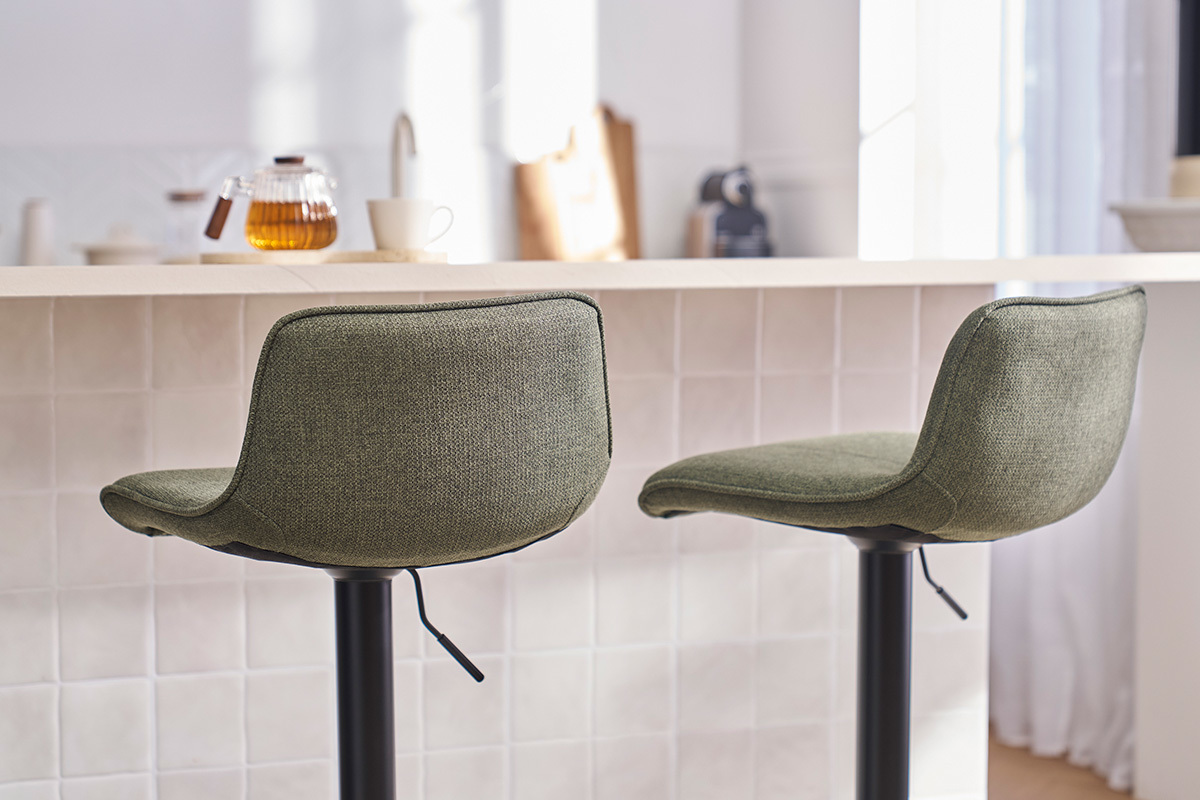 Tabourets de bar r�glables pivotants 360� en tissu vert kaki et m�tal noir (lot de 2) BOOST
