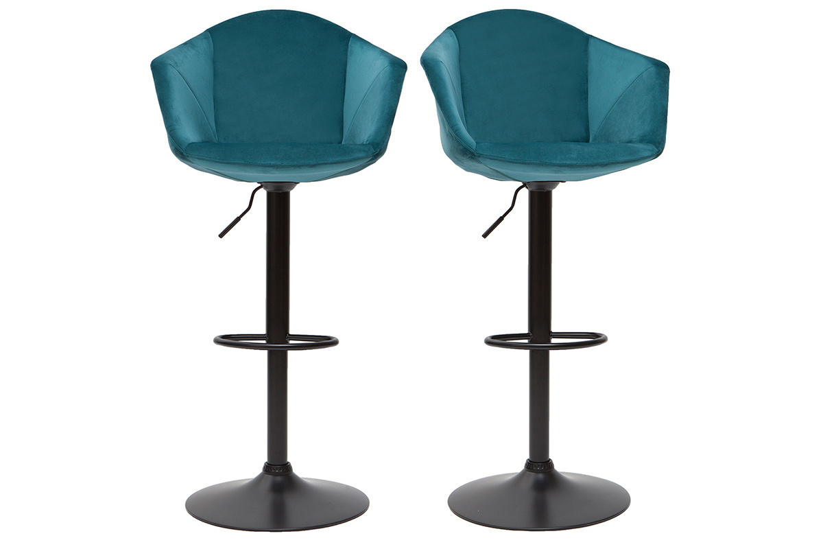 Tabourets de bar r�glables pivotants 360� en velours bleu p�trole et m�tal  (lot de 2) TAYA