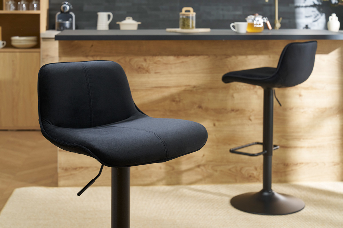 Tabourets de bar r�glables pivotants 360� noirs en tissu velours et m�tal (lot de 2) BOOST