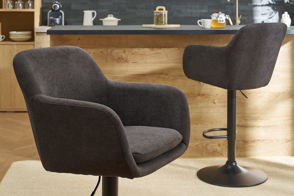 Tabourets de bar rglables tissu effet velours gris fonc et mtal (lot de 2) AMIKA