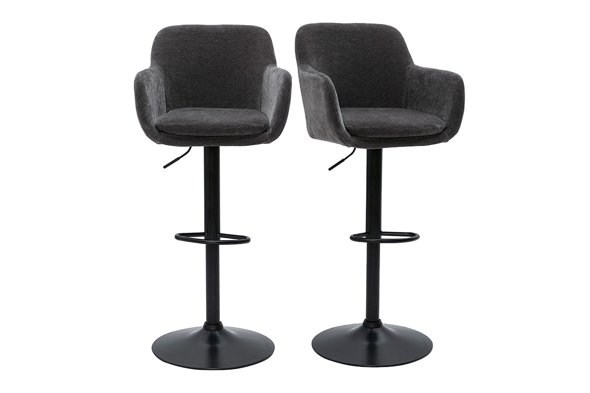 Tabourets de bar r�glables tissu effet velours gris fonc� et m�tal (lot de 2) AMIKA