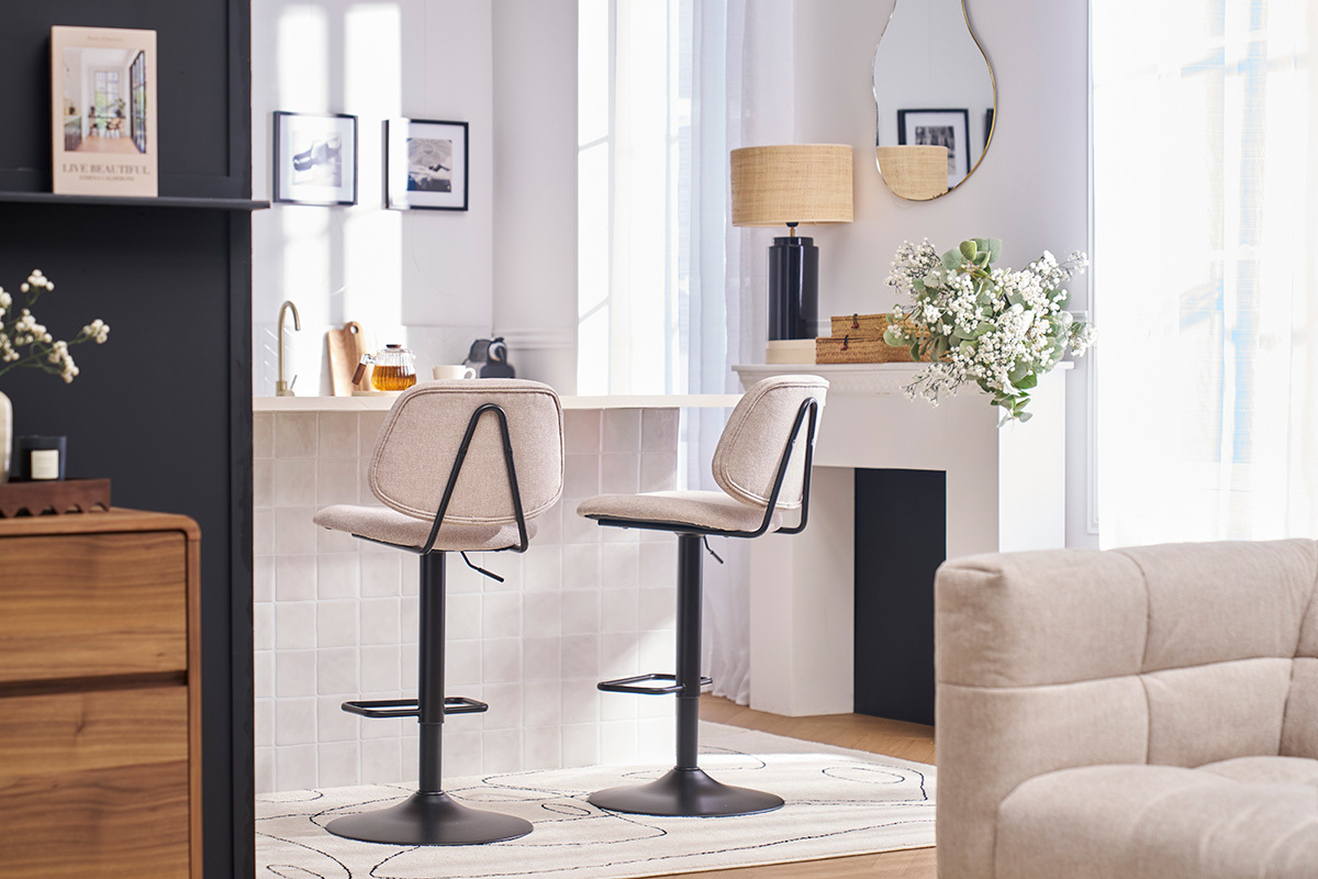 Tabourets de bar relevables design en tissu effet velours beige et mtal noir BARNET (lot de 2)