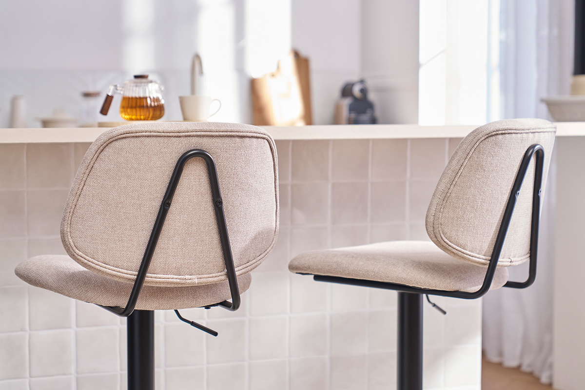 Tabourets de bar relevables design en tissu effet velours beige et mtal noir BARNET (lot de 2)