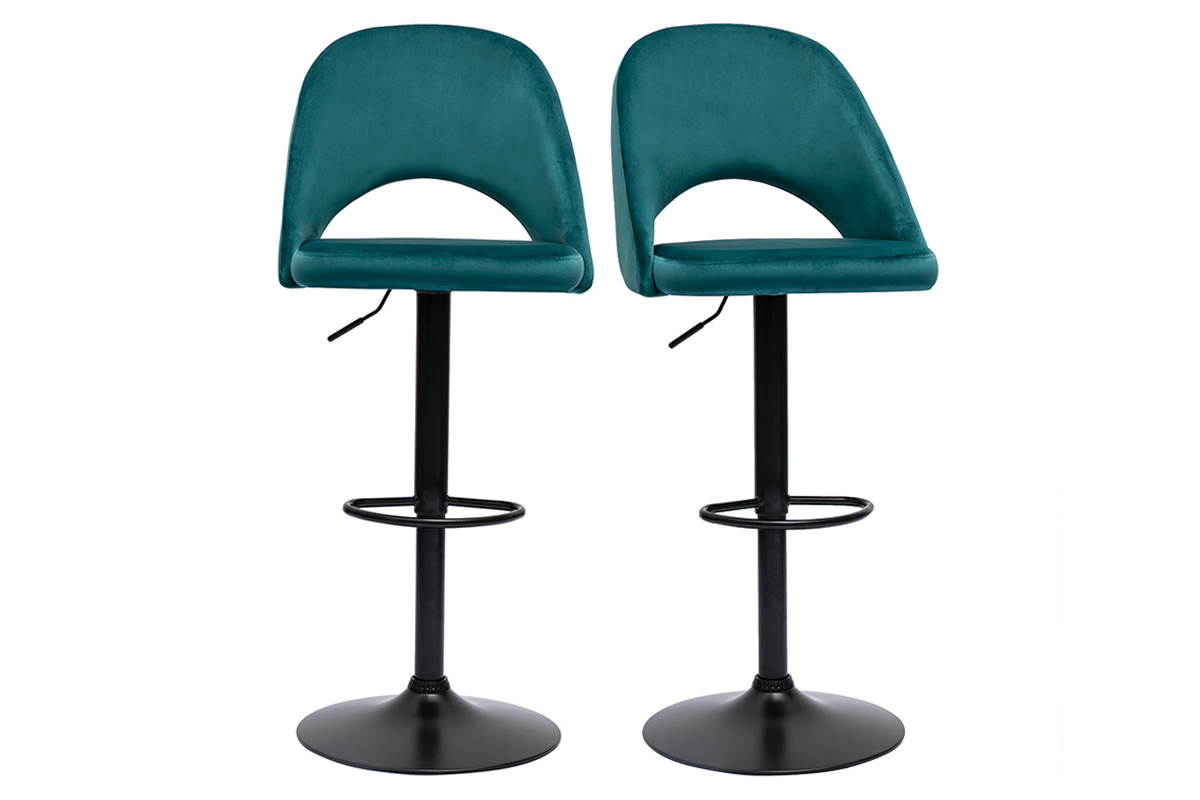 Tabourets de bar relevables en velours bleu ptrole et mtal noir (lot de 2) COSETTE