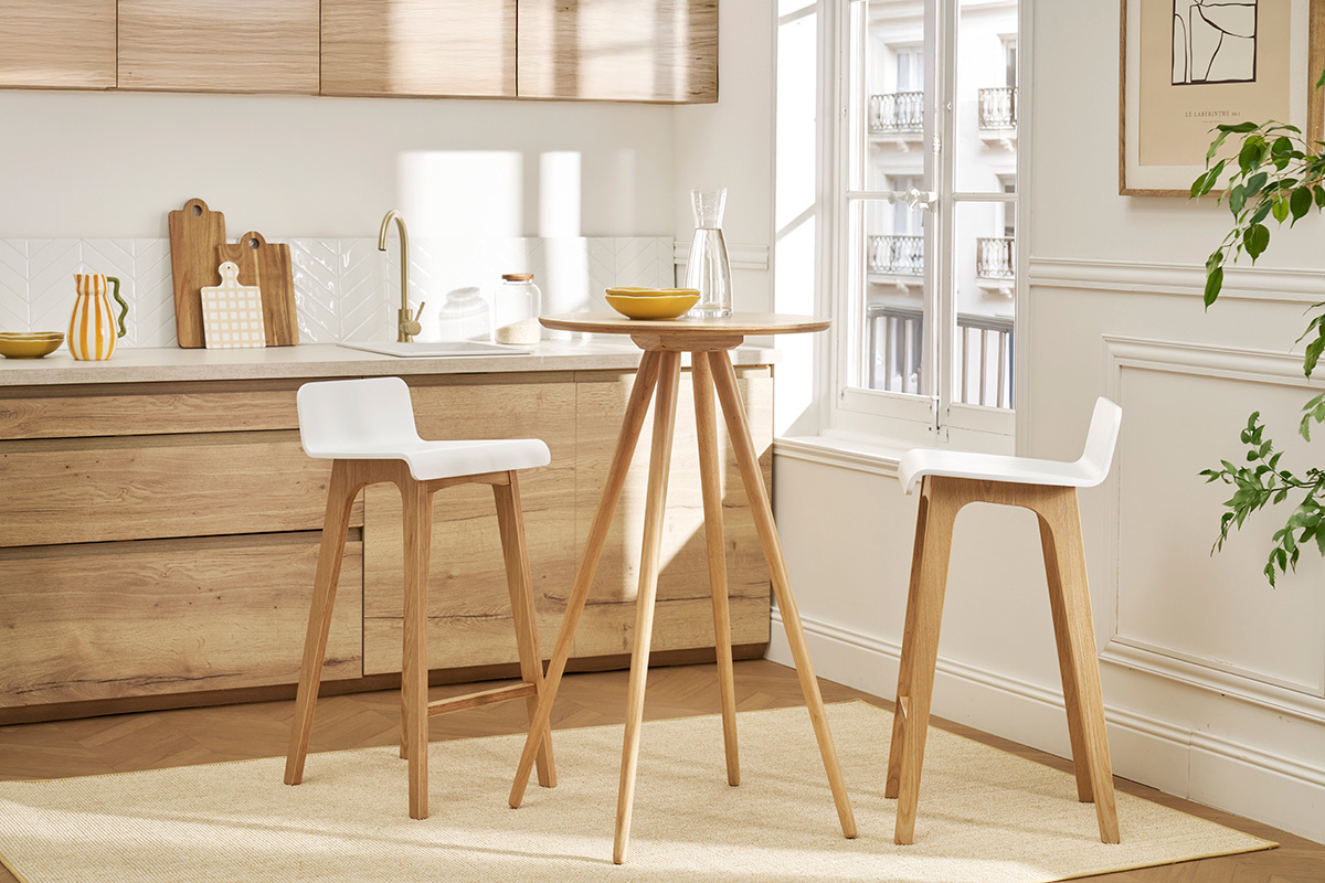 Tabourets de bar scandinaves blancs et bois clair H75 cm (lot de 2) BALTIK