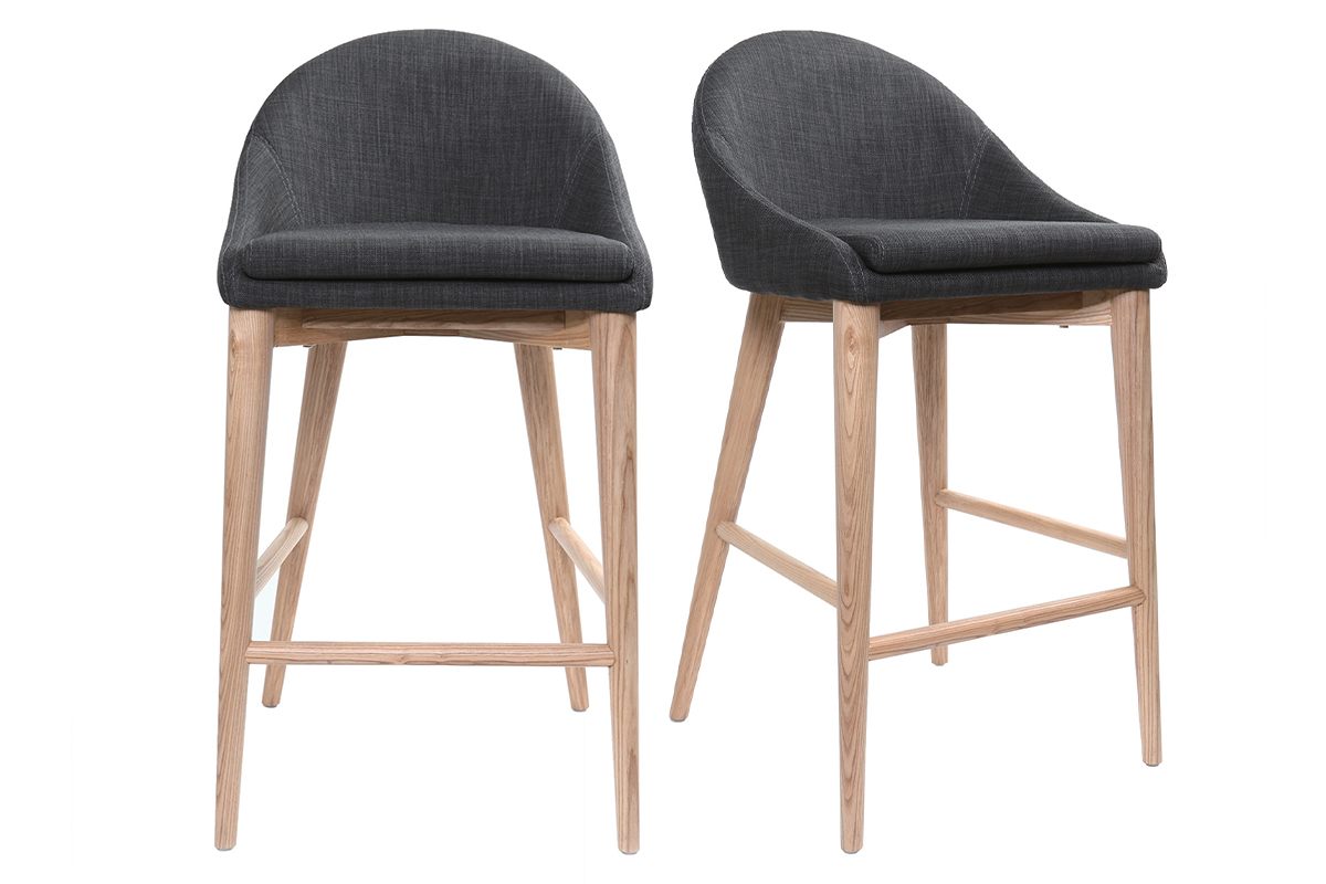 Tabourets de bar scandinaves en tissu gris anthracite et frne massif H66 cm (lot de 2) DALIA