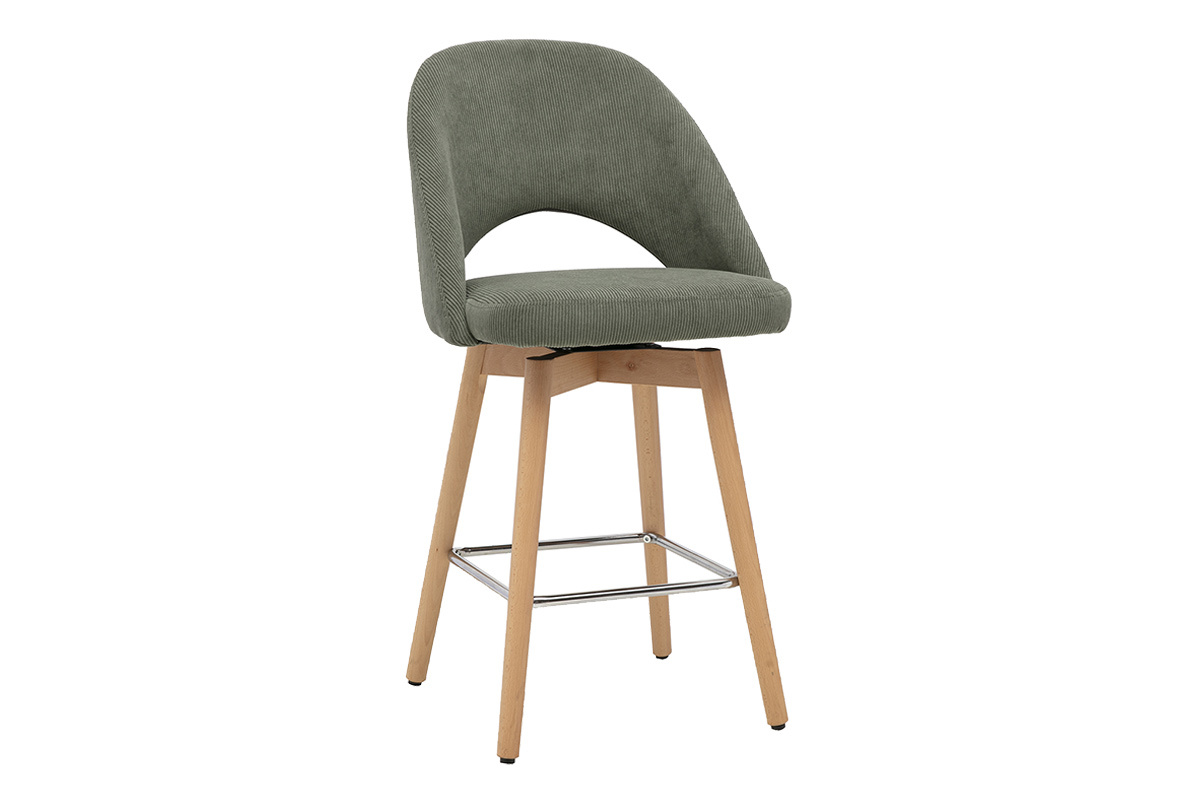 Tabourets de bar scandinaves en tissu velours c�tel� vert kaki et h�v�a massif 65 cm (lot de 2) COSETTE