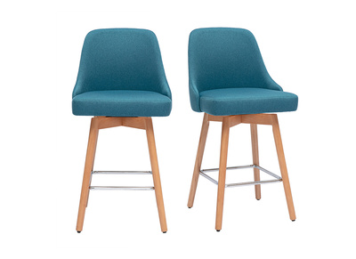 Tabourets de bar scandinaves pivotants 360° en tissu bleu canard et bois hêtre massif H65 cm (lot de 2) HASTA