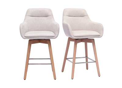 Tabourets de bar scandinaves pivotants 360° en tissu effet velours texturé beige et bois clair H65 cm (lot de 2) ALESS
