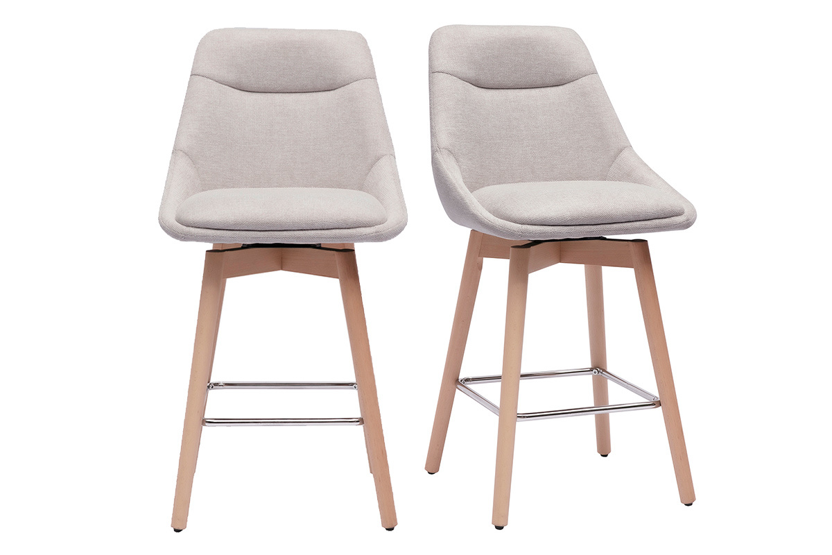 Tabourets de bar scandinaves pivotants 360 en tissu effet velours textur beige et bois clair H65 cm (lot de 2) ALESS