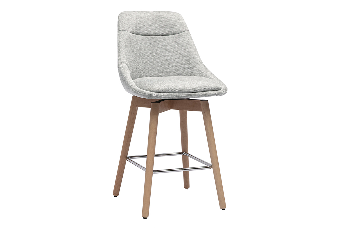 Tabourets de bar scandinaves pivotants 360 en tissu effet velours textur gris clair et bois clair H65 cm (lot de 2) ALESS