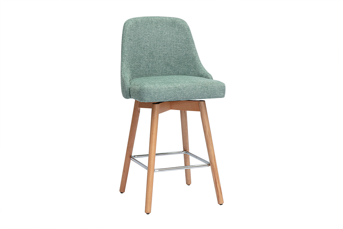 Tabourets de bar scandinaves pivotants 360 en tissu effet velours textur vert cladon et bois htre massif H65 cm (lot de 2) HASTA