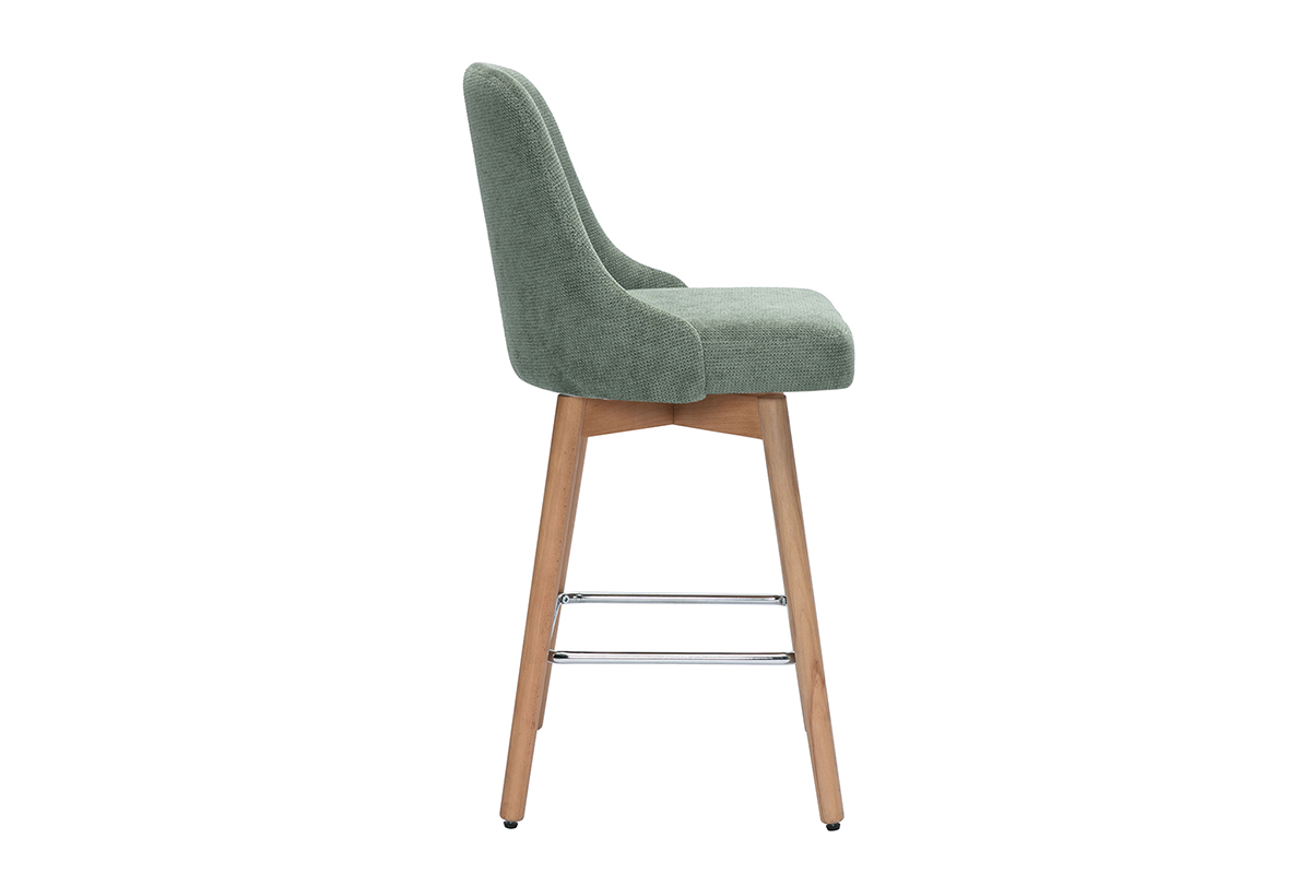 Tabourets de bar scandinaves pivotants 360 en tissu effet velours textur vert kaki et bois htre massif H65 cm (lot de 2) HASTA