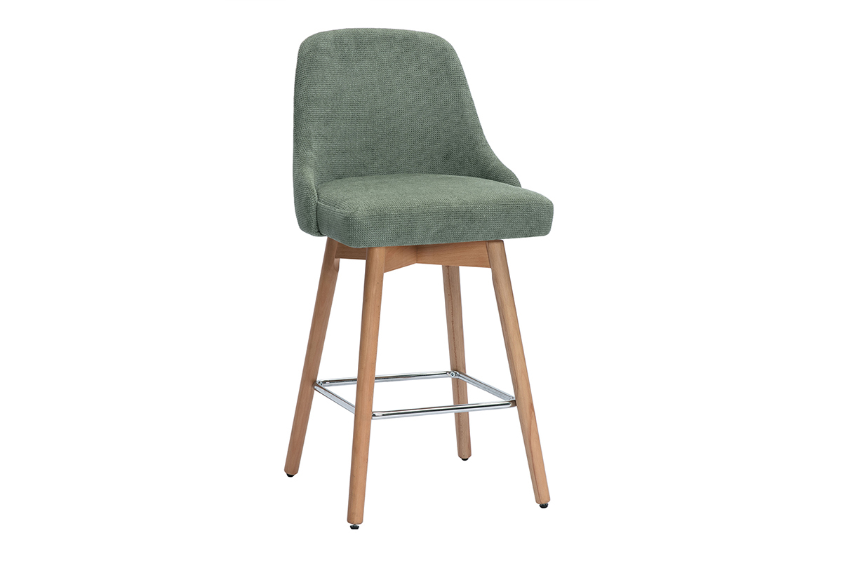 Tabourets de bar scandinaves pivotants 360 en tissu effet velours textur vert kaki et bois htre massif H65 cm (lot de 2) HASTA