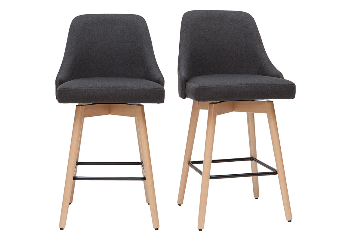 Tabourets de bar scandinaves pivotants 360° en tissu gris foncé et bois hêtre massif H65 cm (lot de 2) HASTA