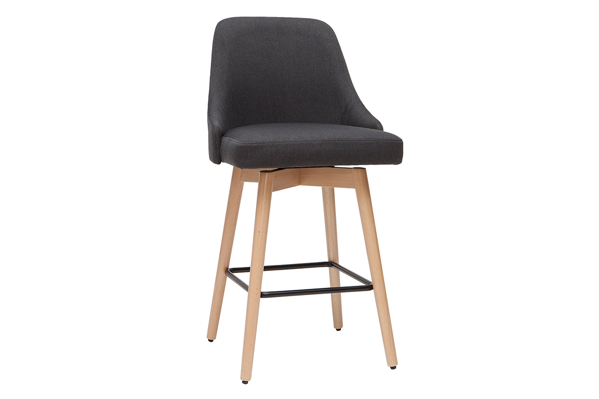 Tabourets de bar scandinaves pivotants 360° en tissu gris foncé et bois hêtre massif H65 cm (lot de 2) HASTA