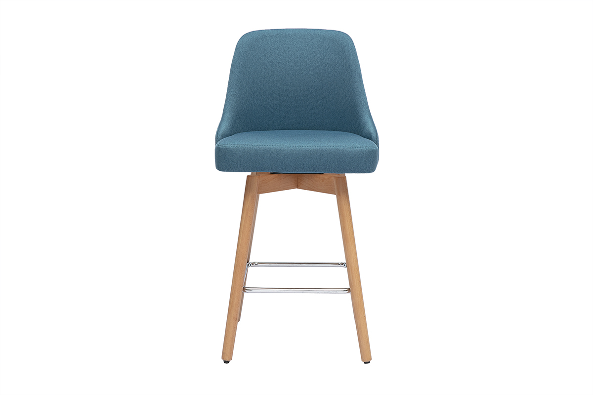 Tabourets de bar scandinaves pivotants 360� en tissu bleu canard et bois h�tre massif H65 cm (lot de 2) HASTA
