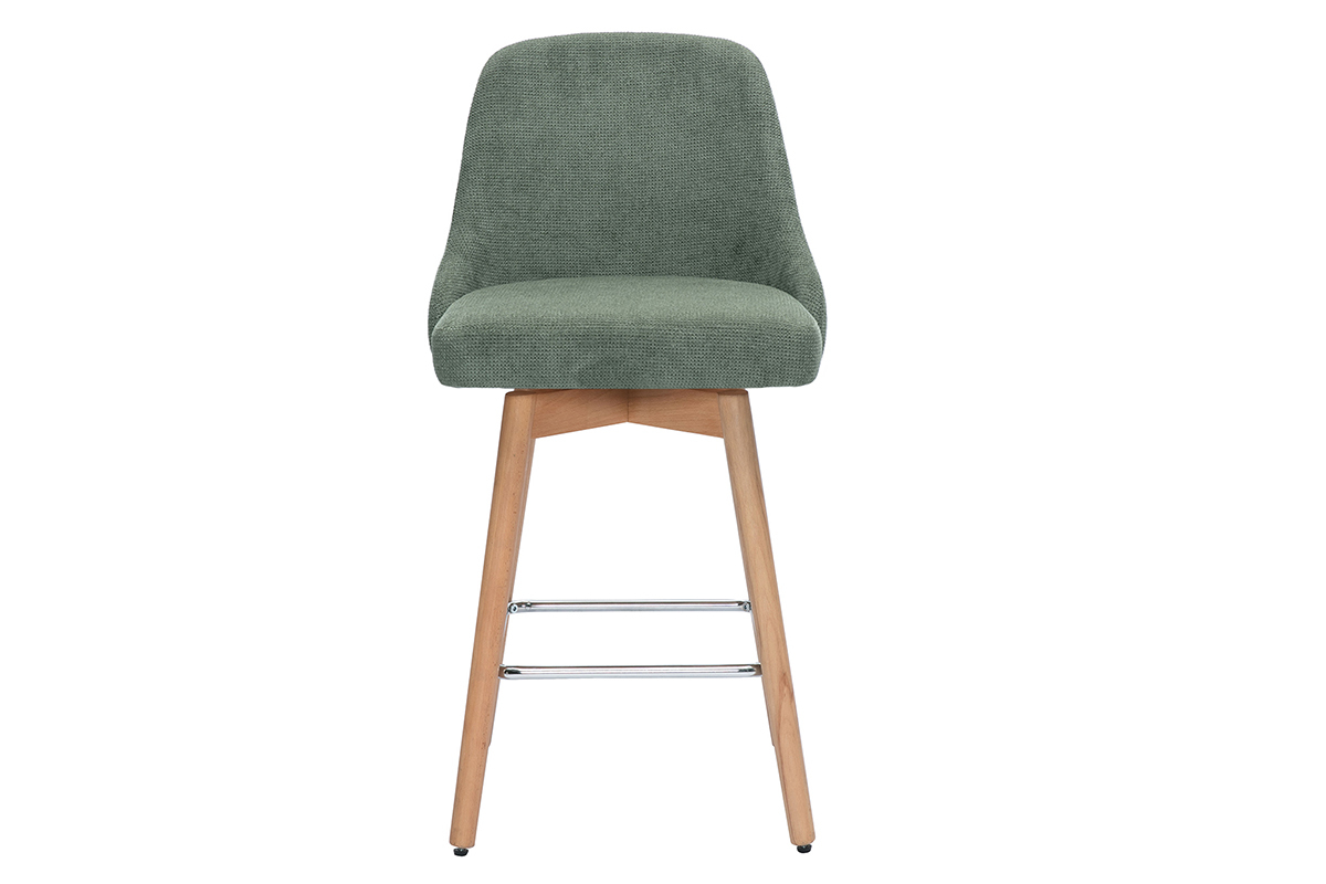 Tabourets de bar scandinaves pivotants 360� en tissu chenille vert kaki et bois h�tre massif H65 cm (lot de 2) HASTA