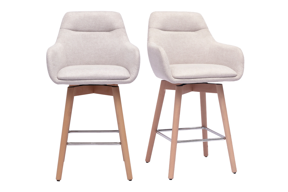 Tabourets de bar scandinaves pivotants 360� en tissu effet velours textur� beige et bois clair H65 cm (lot de 2) ALESS