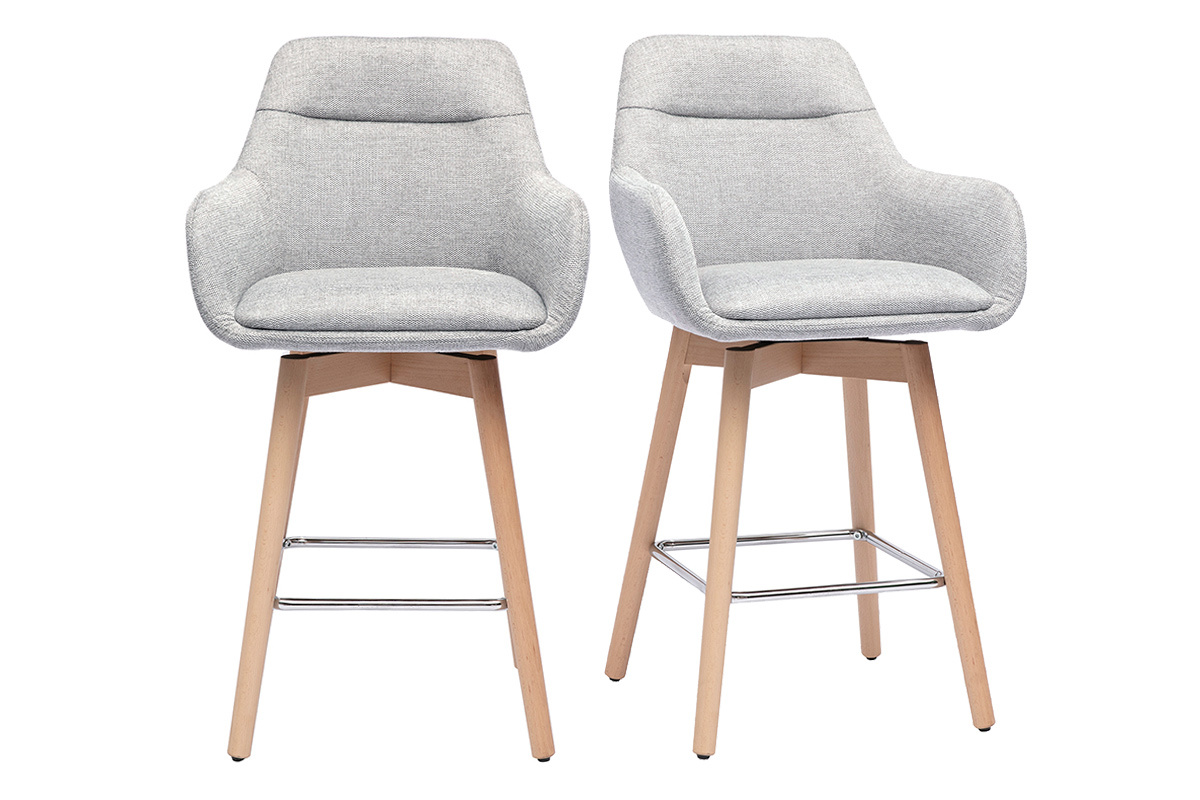 Tabourets de bar scandinaves pivotants 360� en tissu effet velours textur� gris clair et bois clair H65 cm (lot de 2) ALESS