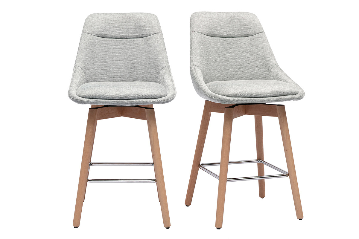 Tabourets de bar scandinaves pivotants 360� en tissu effet velours textur� gris clair et bois clair H65 cm (lot de 2) ALESS