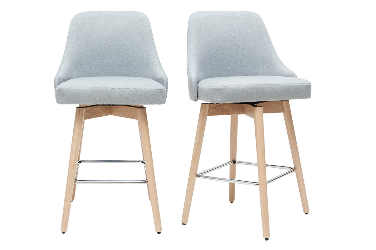Tabourets de bar scandinaves pivotants 360� en tissu gris clair et bois h�tre massif H65 cm (lot de 2) HASTA