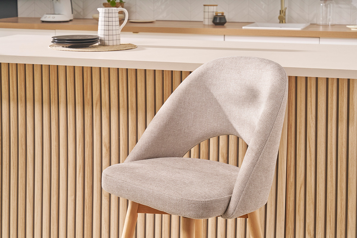 Tabourets de bar scandinaves tissu effet velours textur� beige et h�v�a massif 65 cm (lot de 2) COSETTE