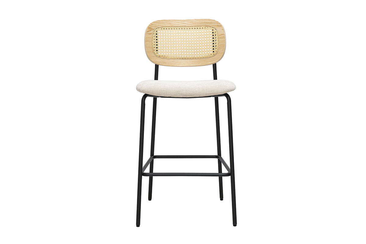 Tabourets design en tissu effet velours textur� beige, m�tal noir et cannage rotin (lot de 2) MIRANDA