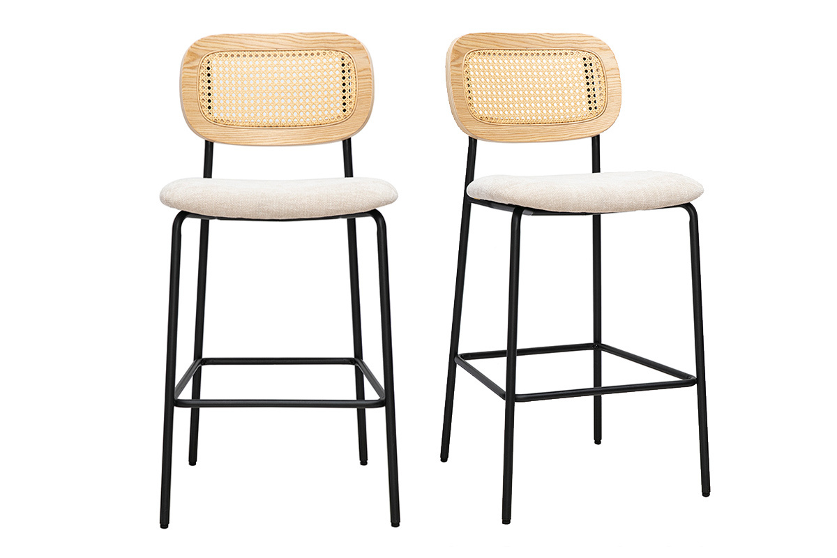Tabourets design en tissu effet velours textur� beige, m�tal noir et cannage rotin (lot de 2) MIRANDA