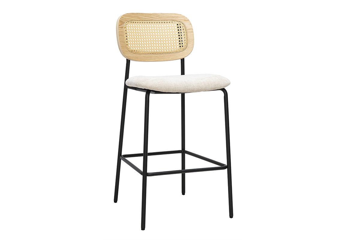 Tabourets design en tissu effet velours textur� beige, m�tal noir et cannage rotin (lot de 2) MIRANDA