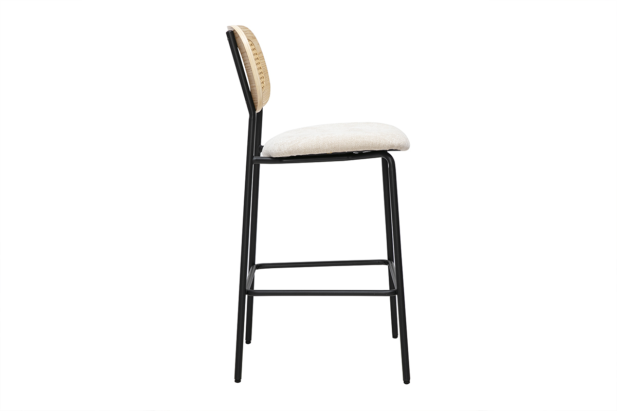 Tabourets design en tissu effet velours textur� beige, m�tal noir et cannage rotin (lot de 2) MIRANDA